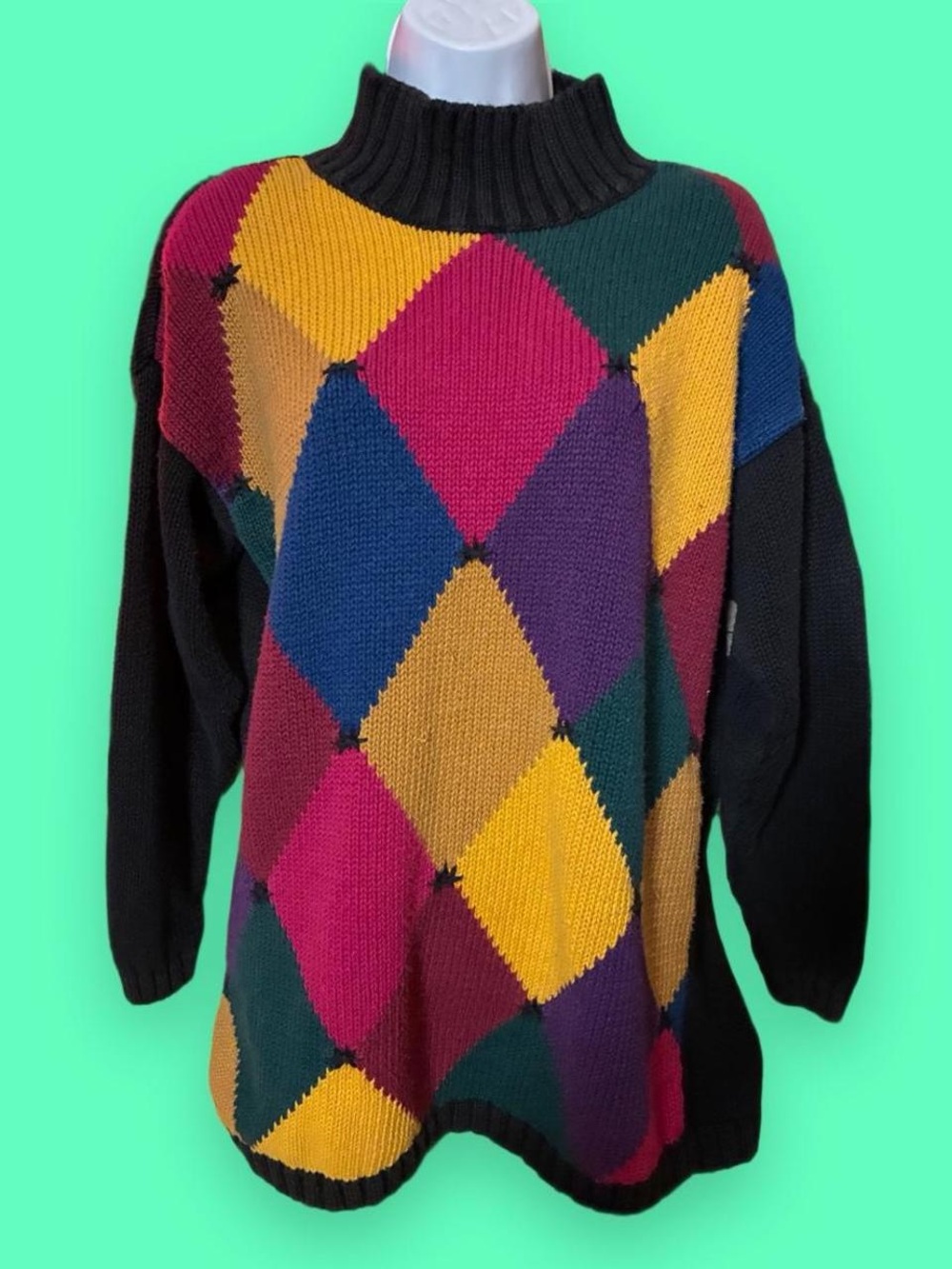 Colorblock Argyle Turtleneck Sweater - Multicolor